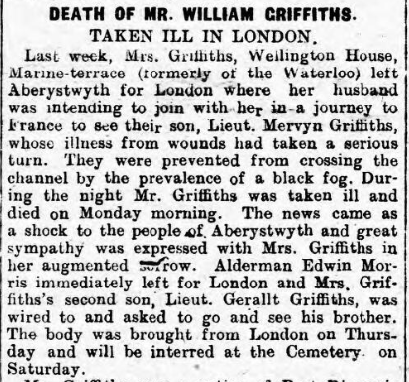 The edition also documents the passing of Mr W Griffiths, 65, who died suddenly of the influenza in London whilst travelling with his wife to see their injured son in . He’d previously worked for Cecil Rhodes in Africa!
