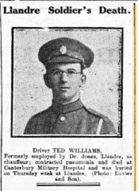 Obituaries were also featured for family members of Aberystwyth residents that had perished from the influenza in London. With injured servicemen now being returned from  to hospitals in south England, further deaths of were noted - such as Mr T Williams, Llandre.