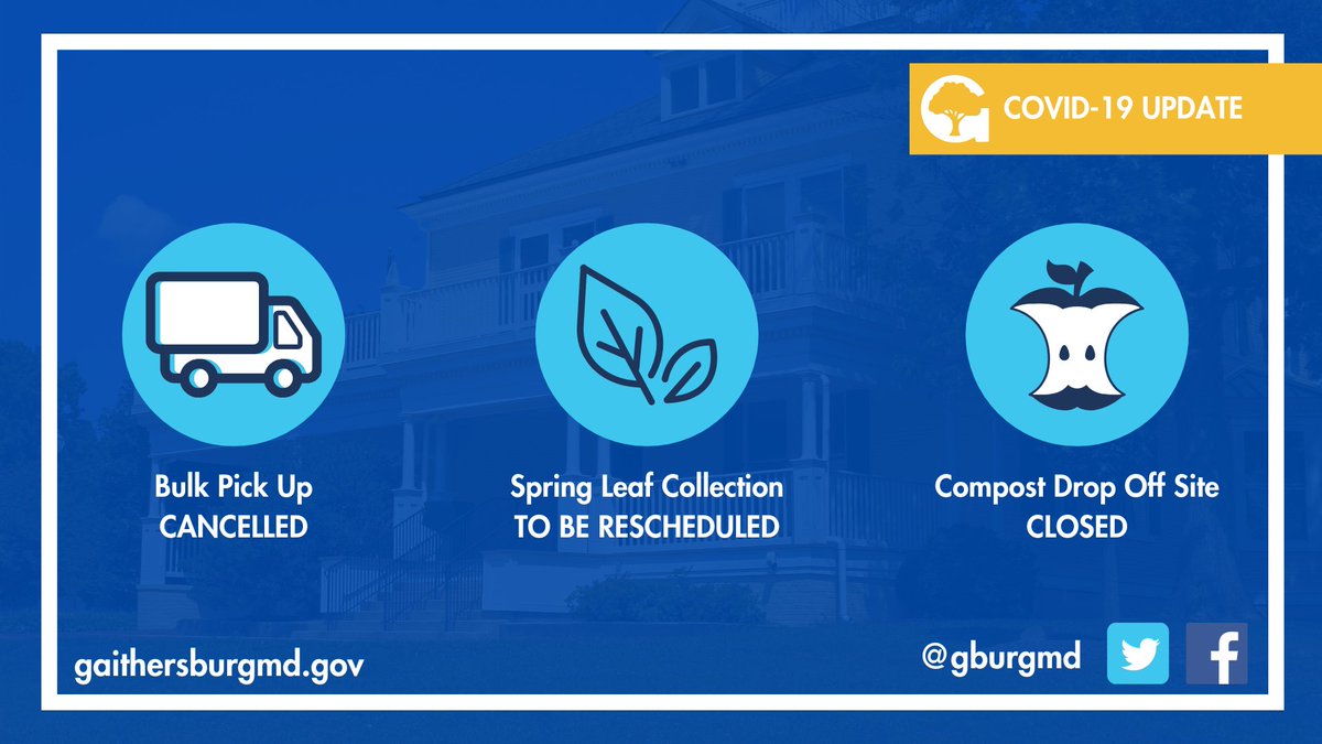 ❗️Reminders:

🚛Bulk pick up is cancelled
♻️Recycling will be collected on its regular schedule
🍂Spring loose leaf collection will be rescheduled
🍏Compost drop off site closed

➡️gburg.md/Covid19

#COVID19