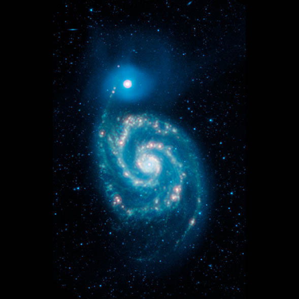 This is the Whirlpool Galaxy (Messier 51) photographed in infrared light by the Spitzer Space Telescope. It is located approximately 23 million light-years away in the constellation Canes Venatici. Learn more:  https://s.si.edu/2xKidwe 