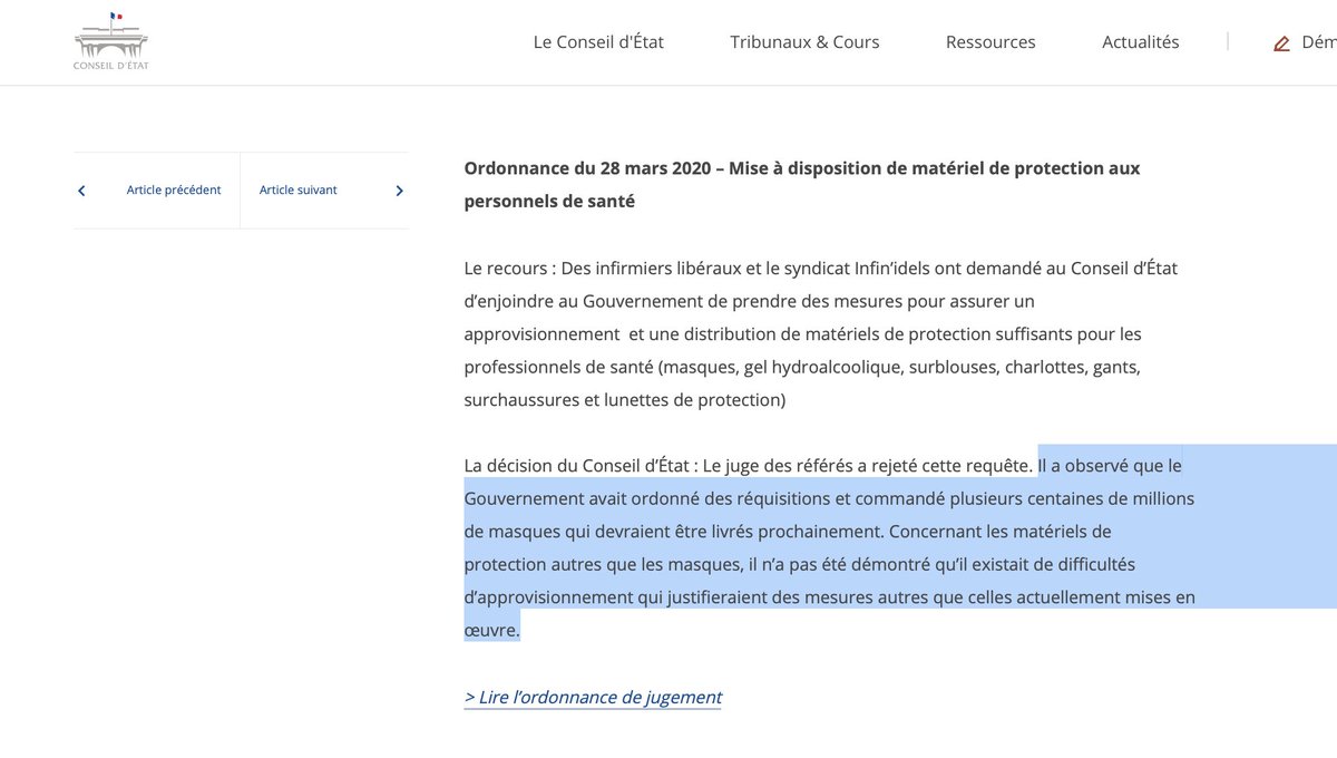 13. As a footnote: yes, this is a major crisis & we need to hold back on criticism. BUT lives are at stake.Let's also take example of France: doctors have already gone to  @Conseil_Etat eg to hold govt to account for having not ordered sufficient masks (Court found against them).