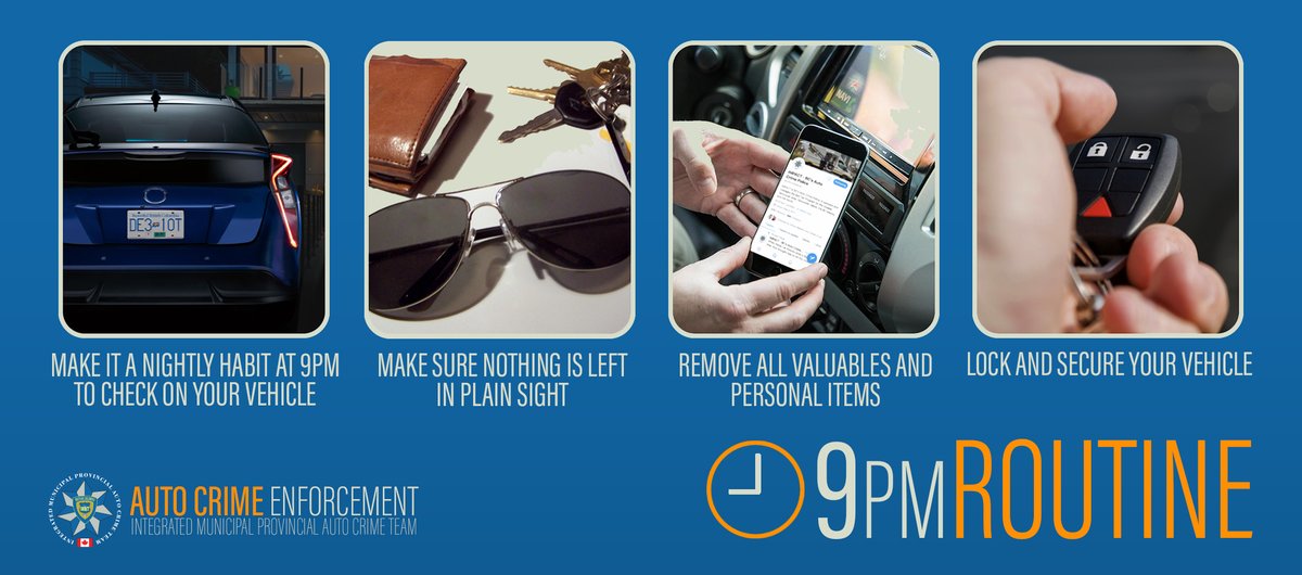 IMPACTautocrime's tweet image. It's time for the #9PMRoutine!
Follow the steps below to protect your vehicles and belongings tonight.

#StopAutoCrime