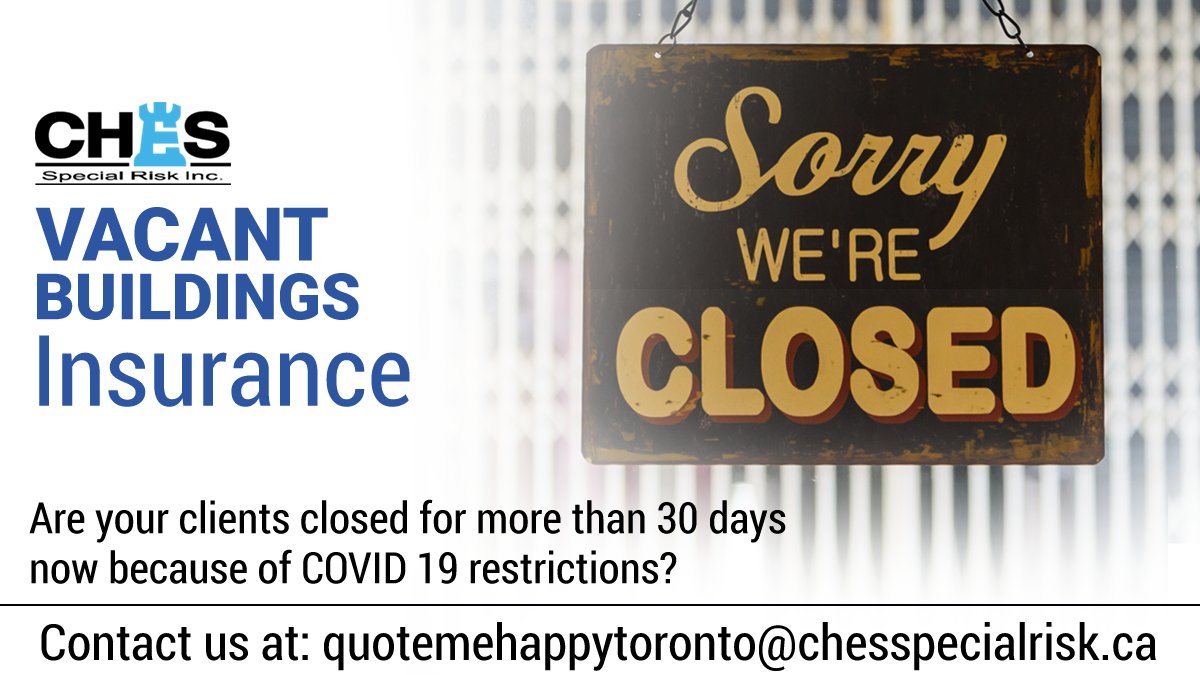 CHESSpecialRisk's tweet image. As #COVID19 continues, the 30 days of silent #riskcoverage in most commercial property forms are closer to running out. Policy coverages are going to be redundant as the majority of policies only allow 30 days of vacancy.
Contact us for coverage extensions bit.ly/CSR-VacantBuil…