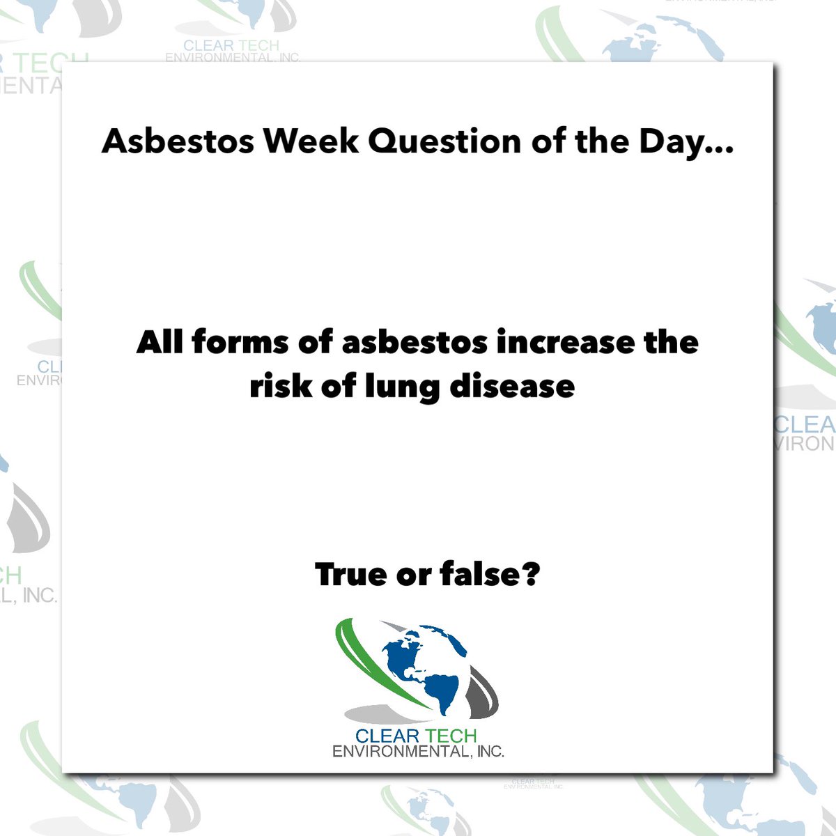 ClearTechEnv's tweet image. 7 days of asbestos trivia questions for a chance to win $100 Visa gift card. You’ll earn 1 entry into our drawing for every right answer and quadruple your chances by playing on LinkedIn, Facebook, Twitter and Instagram. Share this post on your timeline for extra credit