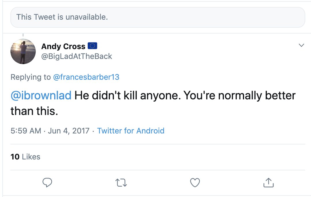 To illustrate that she is in fact lying about not sending this genuinely disgusting racist tweet, here are people responding in shock and horror at the time (and there are more here  https://twitter.com/search?q=francesbarber13%20until%3A2017-06-05%20since%3A2017-06-04&src=typed_query&f=live)