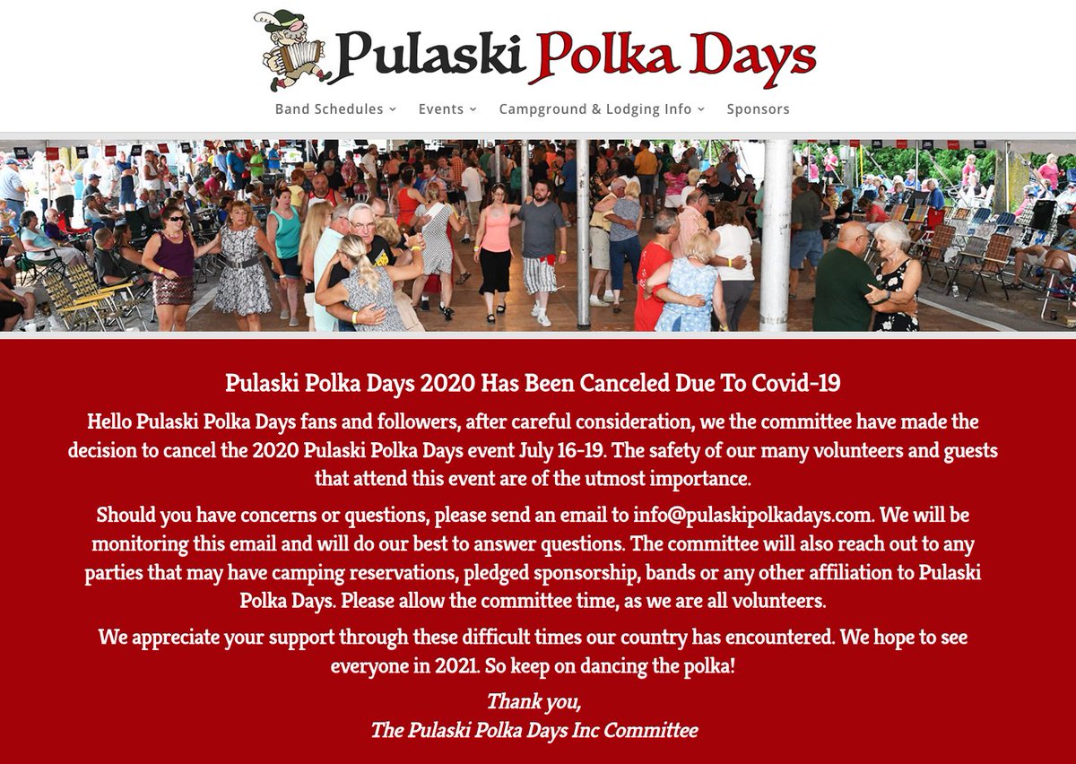PolkaInPulaski's tweet photo. Pulaski Polka Days 2020 Has Been Canceled Due To Covid-19 https://t.co/ELPg2DWAwr • Join us in July of 2021 for the 43rd Annual Pulaski Polka Days Festival #PulaskiPolkaDays #Wisconsin https://t.co/Iz9PnZM4l8