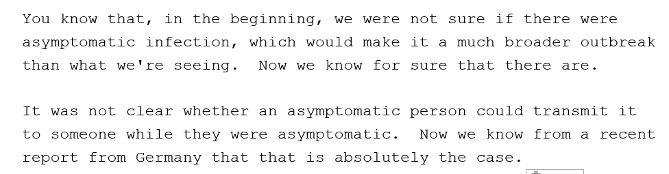 The *degree* of asymptomatic transmission of novel coronavirus was (and, I think, remains) unclear. As to when we knew that it was happening, here's Dr Fauci on January 31.