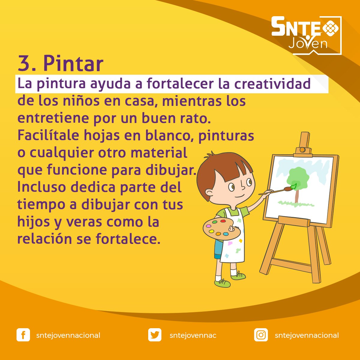 sntejovennac's tweet photo. Es importante que los niños no pierdan su rutina normal para aprender y desarrollarse aunque estemos en cuarentena, te dejamos algunas recomendaciones de actividades que puedes ofrecerle mientras pasa la pandemia por coronavirus.⤵ https://t.co/ZcK0e9Oq9R