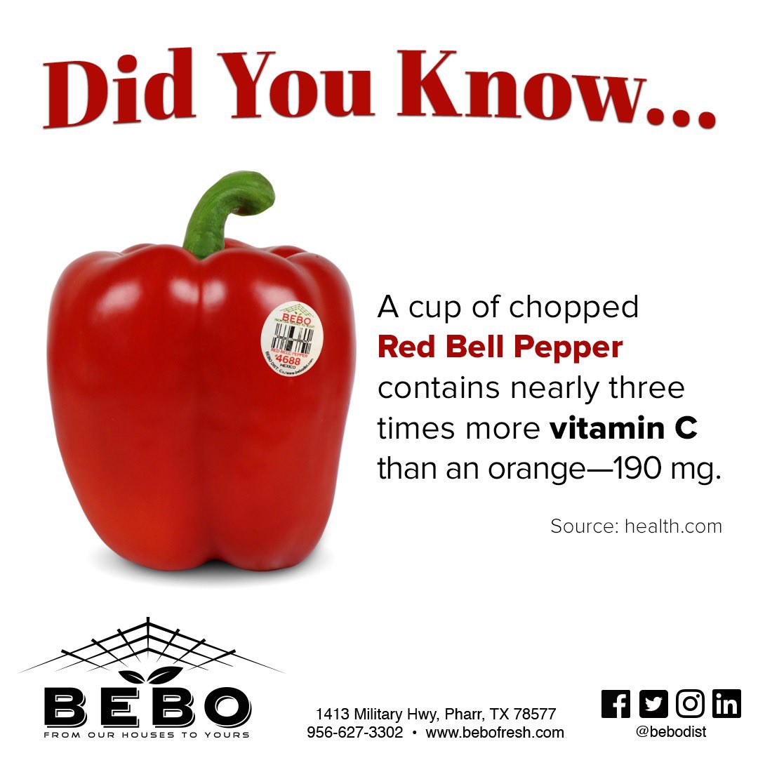 entreprenør markedsføring ikke noget BEBO Distributing Co on Twitter: "Today is National Vitamin C Day! Citrus  🍊 is not the only fruit with Vitamin C. Red Bell Peppers contain 3X more # VitaminC than oranges. #NationalVitaminCDay #RedBellPeppers #