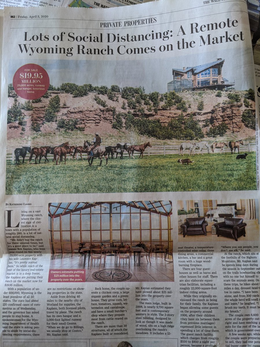 Apparently a $19.95M ranch in Wyoming is a good place to be right now, assuming you can fly your private plane to and from this ranch's private airstrip."While preparing to sell, the couple had one potential buyer come by: rapper Kanye West. Mr. West ultimately didn't bite."