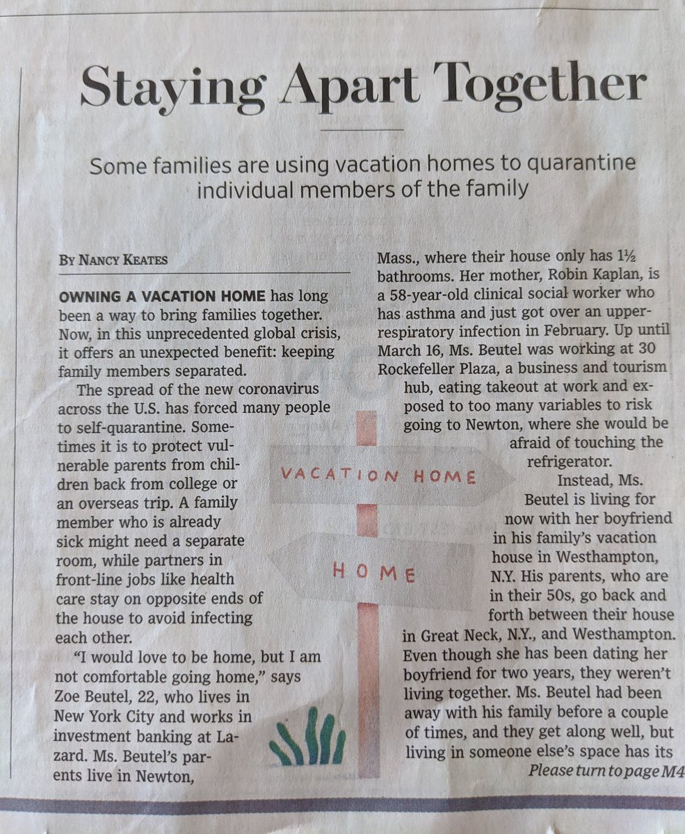 But it's not all fun and games. Here's an article on the challenges of sending each family member to a different  for the duration."Eli Beutel is also living apart from the family. A sophomore at Tufts, he is in the Kaplan-Beutel vacation house in the Berkshires.'Go Jumbos!