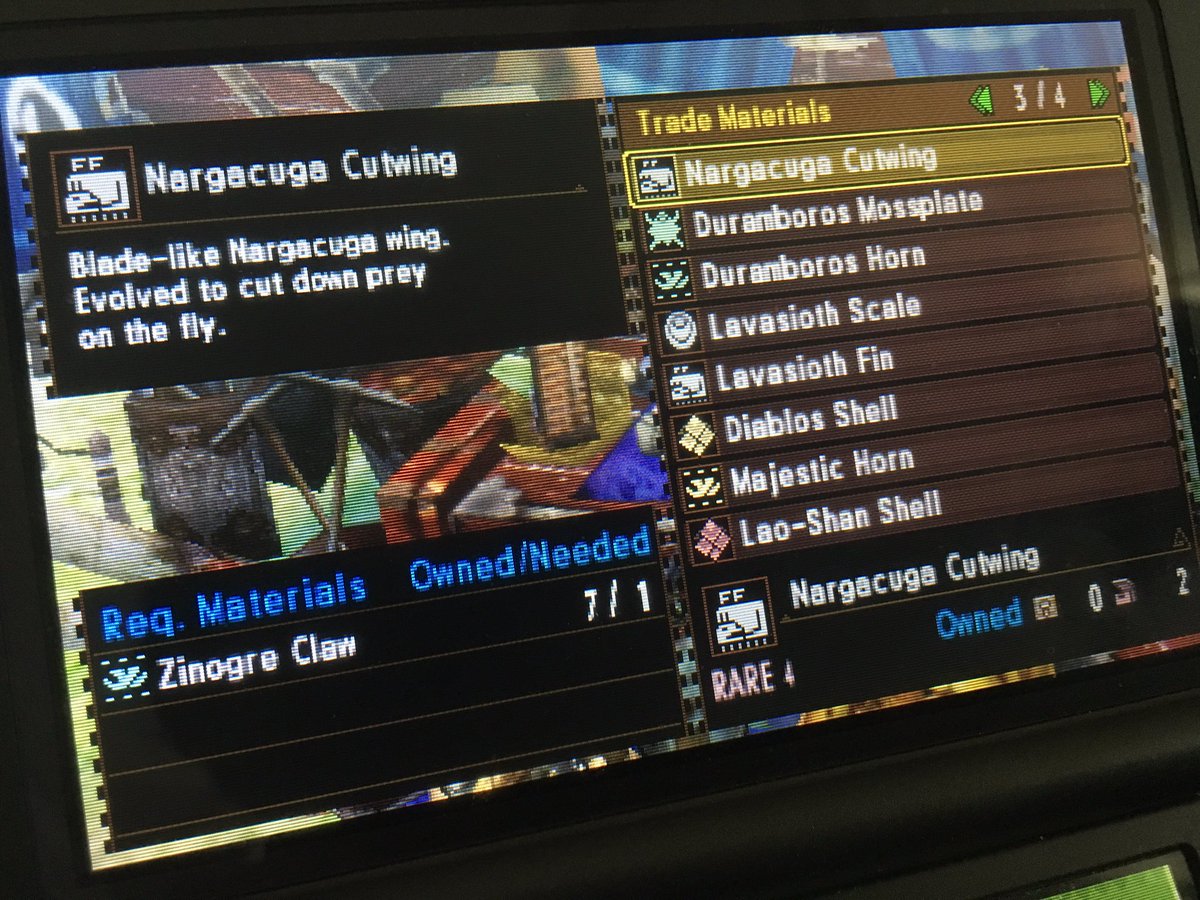 Another thing I enjoyed was mercilessly farming Gypceros, Zinogre, and Black Gravios for Barroth, Nargacuga, and Lagiacrus parts.Nargacuga is the only one whose armor I’ve completed, I’m missing the helm to Barroth, and don’t even get me started on Lagiacrus. #MH4UMemories