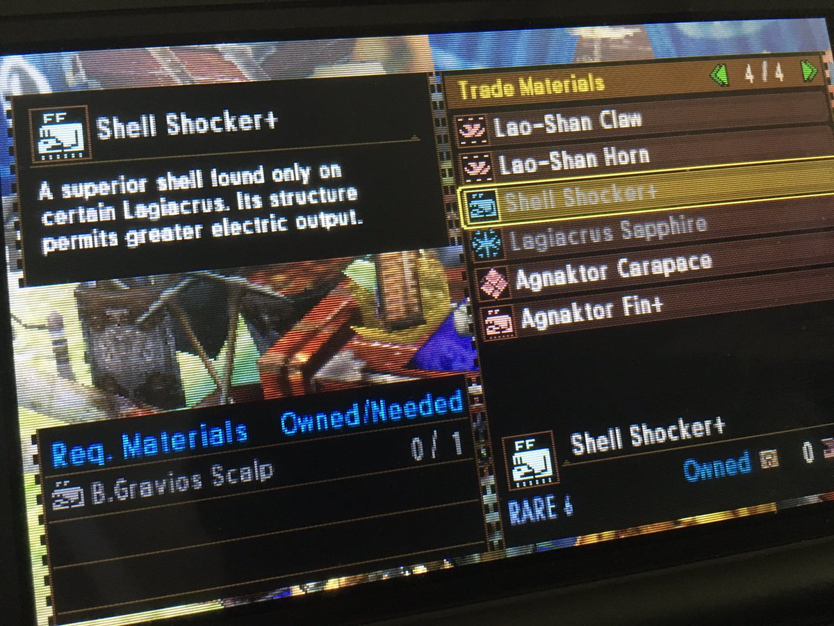 Another thing I enjoyed was mercilessly farming Gypceros, Zinogre, and Black Gravios for Barroth, Nargacuga, and Lagiacrus parts.Nargacuga is the only one whose armor I’ve completed, I’m missing the helm to Barroth, and don’t even get me started on Lagiacrus. #MH4UMemories