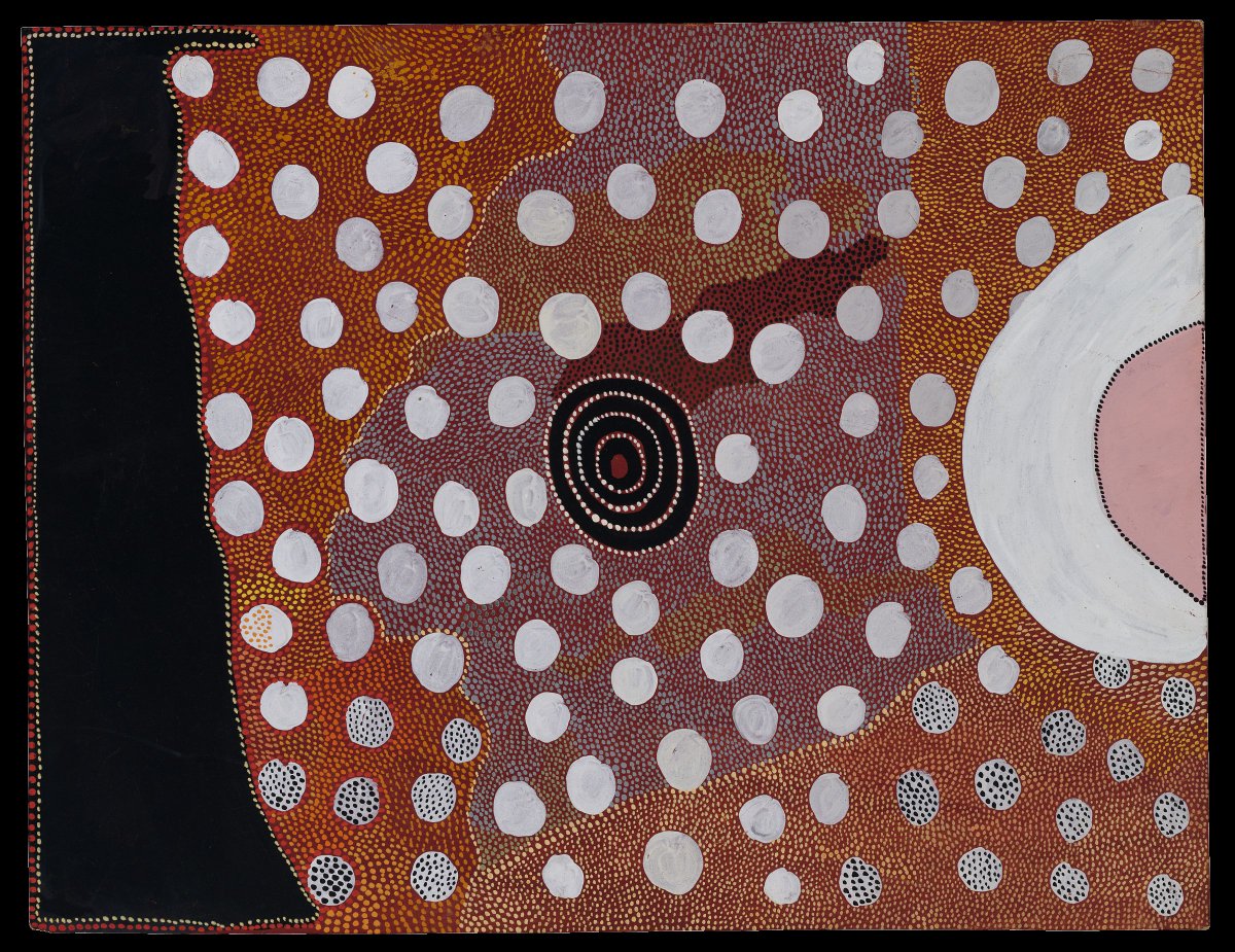 12. There are many sunrises in the history of art, but few from a bird's eye view. Dawn comes from the right, night leaves to the left. The small white circles are stars, suspended in the brightening sky. Mick Namarari Tjapaltjarri, 'Sunrise chasing away the Night' (1977-8).