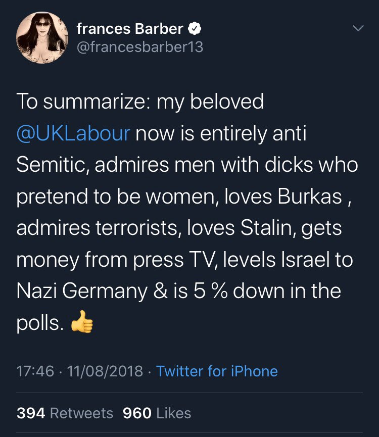 She has a history of sending horrendous tweets, like this one which is rampantly transphobic with an Islamophobic dogwhistle thrown in for good measure. Her application to the Labour party is now being celebrated by prominent people. This is just not acceptable.