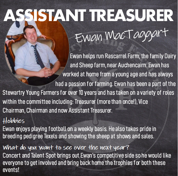 StewartryYF's tweet image. 🌟 ASSISTANT TREASURER 🌟 Many of you will know Ewan as he’s been involved with Stewartry Young Farmers for over 10 years! Ewan has had a number of roles within the committee as highlighted below.  

#teamstewy #Dumfriesandgalloway #youngfarmers #notjustforthosewhowearwellies