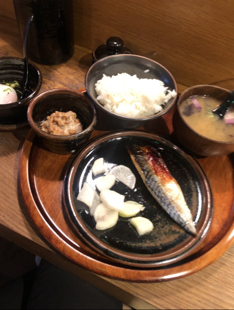 Japanese breakfast at Koya bar in Soho - mackerel with radish, egg in chilled dashi, natto, rice and soup