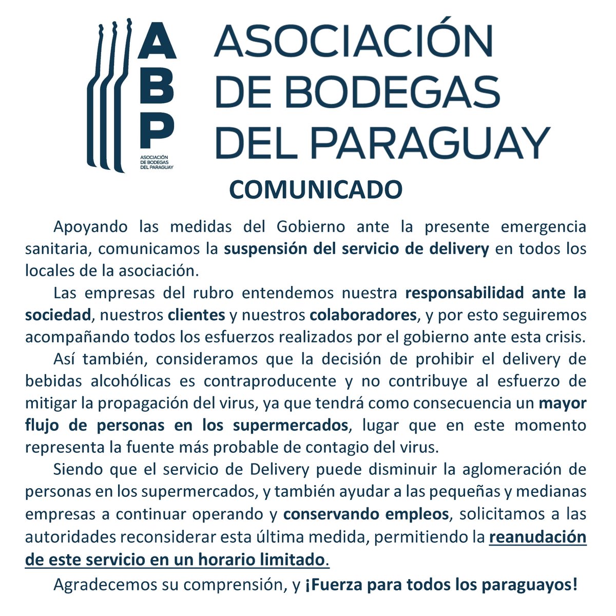 AsoBodegasPy's tweet photo. Comunicado de la Asociación de Bodegas del Paraguay @MazzoleniJulio @Carlabacigalupo @euclides_py https://t.co/8fXXLb9AnC