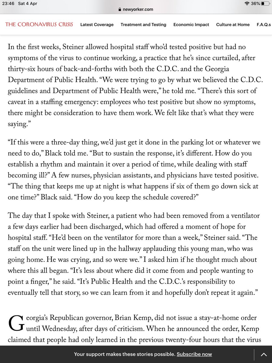 At first (as in China, then Italy, then Spain and in the U.K. and God knows where else, allowed asymptomatic CV+ve staff to work. Now curtailed.Uncertainty about national and state advice.This isn’t a 3 day thing.You need to establish a rhythm