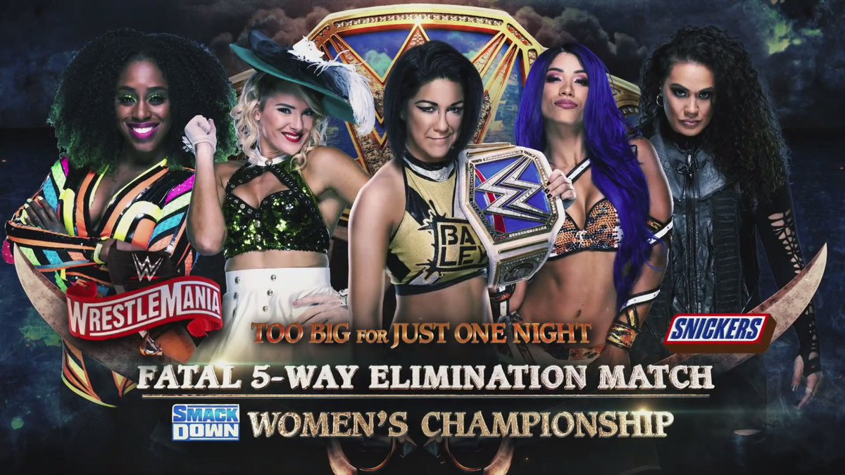 Your role model  @itsBayleyWWE defends her  #SmackDown    #WomensTitle   against  @NaomiWWE  @LaceyEvansWWE  @TaminaSnuka and her best friend  @SashaBanksWWE at  #WrestleMania  !