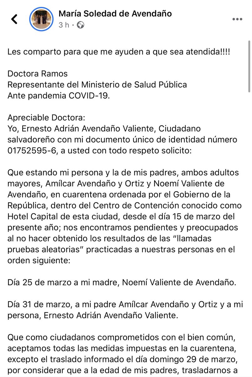 andreaavenr's tweet photo. Les pido ayuda para difundir este mensaje y que pueda llegar a manos del presidente de la República @nayibbukele @minsalud 
Mis abuelitos, de 90 y 85 años están en cuarentena en el Hotel Capital junto a mi papá, y no han recibido ninguna información sobre su prueba del COVID-19 https://t.co/6mJzXECGOZ