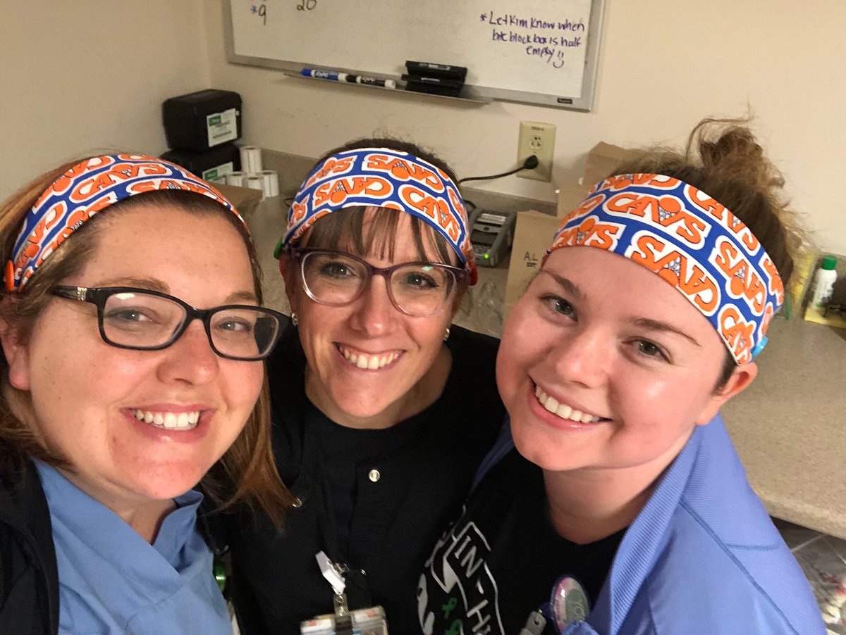 DonDetore's tweet photo. #Nurses at @AultmanHospital in #ohio show off headbands sewn by wife. Nurses attach elastic on #masks to buttons on headband, preventing blisters and soreness caused by elastic. Whaddya think of material she got free from @JoAnn_Stores, @cavs @NBA ? #gotohellcoronavirus. https://t.co/VtAM9NVZXb