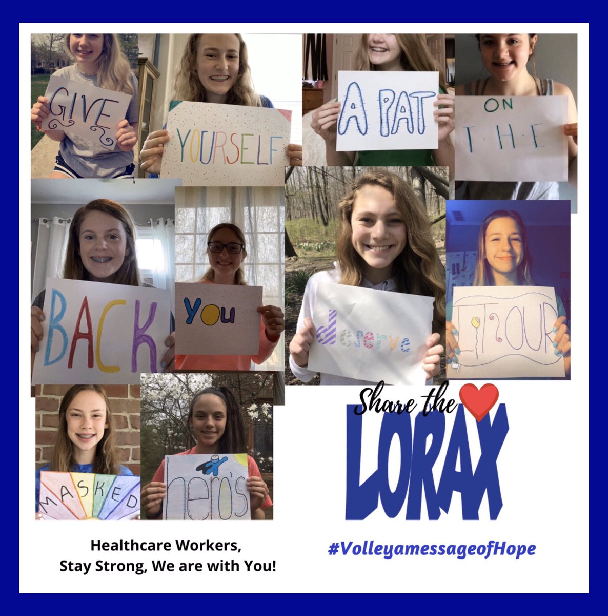 The 13O Lorax answer the challenge, sending their words of hope to our families and healthcare workers across the nation serving on the front lines of the battle! They challenge the Ninjas &amp; Slugs to ‘Volley a Message of Hope’! #spreadthe❤️#volleyamessageofhope <a href="/AmerMedicalAssn/">AMA</a>