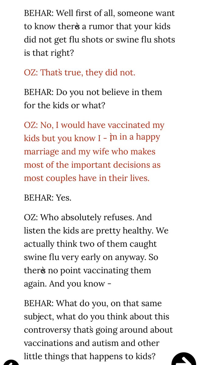 Here is  @DrOz telling us that his kids were not vaccinated against the flue because his wife refused and she makes the important decisions