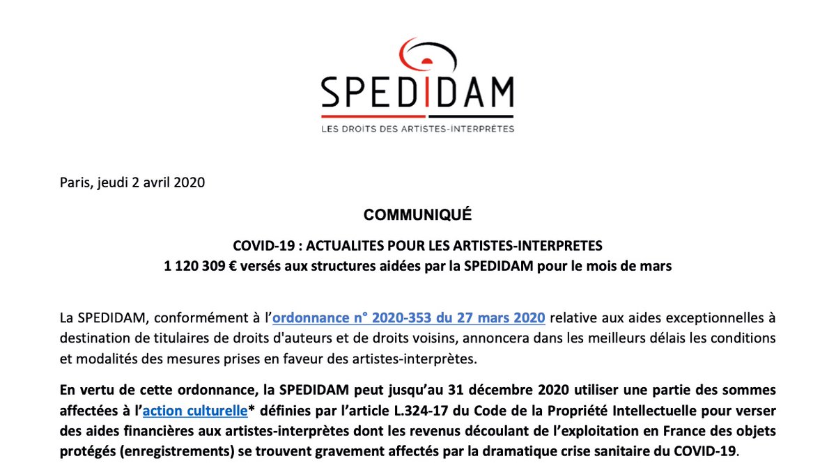 CollgeContempo1's tweet photo. La @Spedidam agit pour les artistes-interprètes et prépare ses mesures de soutien au secteur musical en période de crise #COVID19.
Déjà 1 120 309€ versés aux structure au mois de mars.
⬇️communiqué à consulter sur le lien ci-desous⬇️
https://t.co/9iX6ZzRBFP
#helpmusic https://t.co/O8owho14I1