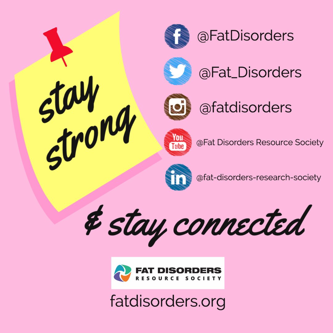 Social distancing should not mean social isolation. FDRS has social media platforms to share resources, network, support and more.  Let’s stay connected during these strange days – and throughout the year. fatdisorders.org 
#Livingwithfatdisorders #dercumsdisease #lipedema