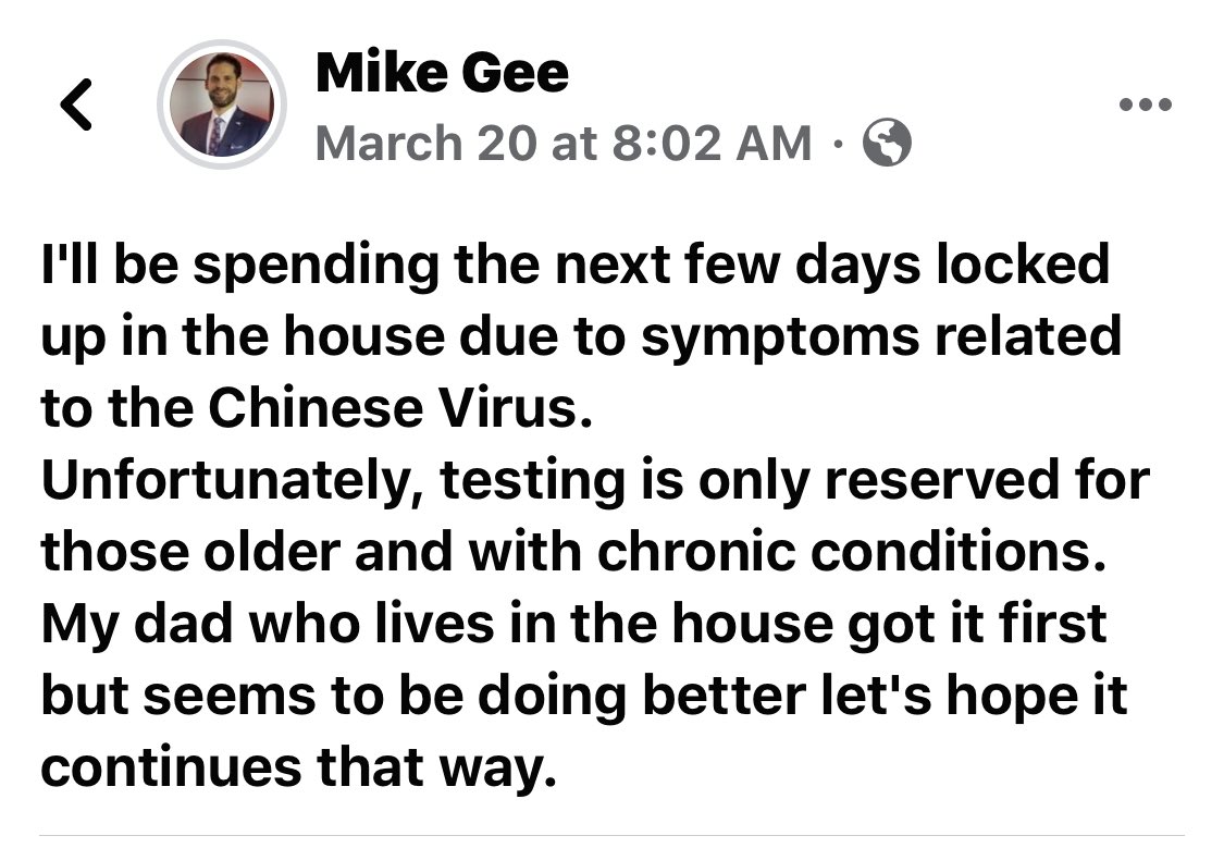 9/ Heres where Mike Gee announces that he and his father both have CORVID-19 symptoms, on March 20th.