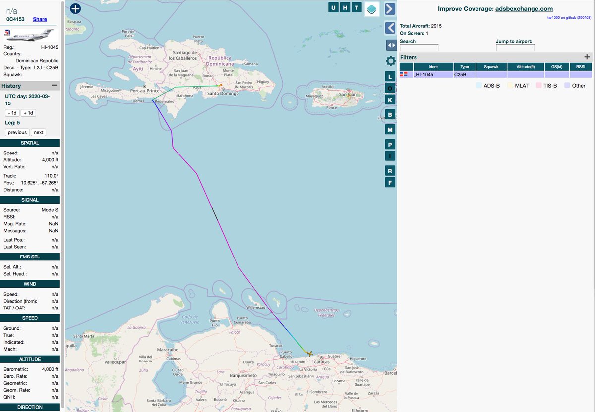 A thread on  #Helidosa Aviation Group Air Uber for the plugged in  #VenezuelaOn March 14 Maduro bans private & commercial aircraft from most countries, but the plugged can always fly. So we see March 16 at 1:04am HI-1045 departs Santo Domingo Airport for  #Caracas￼