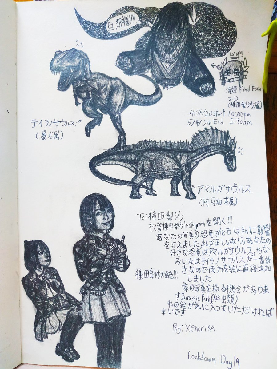O Xrhsths Xenorisa红色滑行 Sto Twitter To 種田梨沙 あなたの写真の恐竜の化石は私に影響を与えました 私が正しいなら あなたの好きな恐竜はアマルガサウルス ちなみに私はティラノサウルスが一番好きなので両方を 絵に直接追加しました 家の写真を撮る機会が