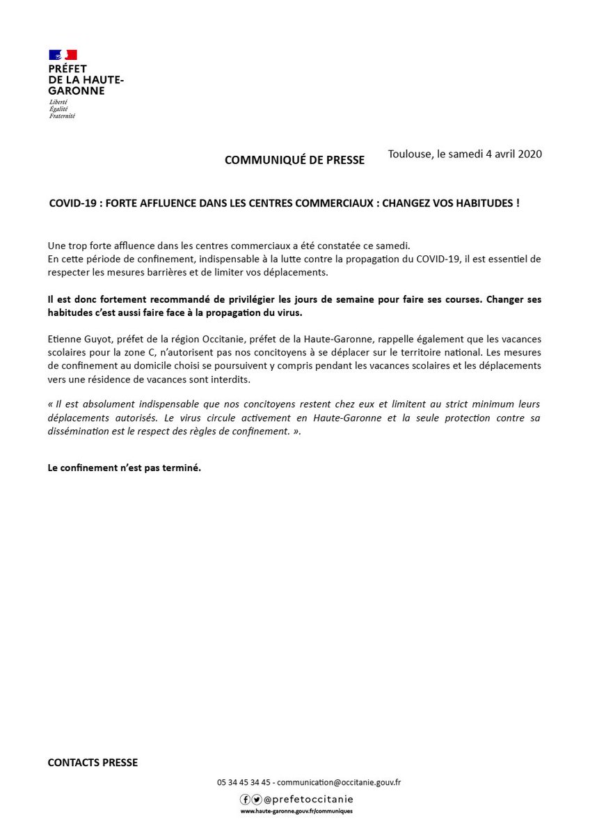 Prefet De Region Occitanie Et De Haute Garonne On Twitter Covid19 Coronavirus Forte Affluence Dans Les Centres Commerciaux Aujourd Hui Pour Lutter Contre Le Virus Changez Vos Habitudes Limitez Vos Deplacements Au Strict
