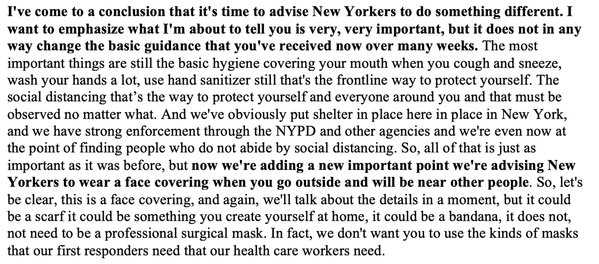 2. I checked transcript from Thursday and he didn't say New Yorkers *must* wear masks in public. He said he was “advising” wearing mask “when you go outside and will be near other people.”