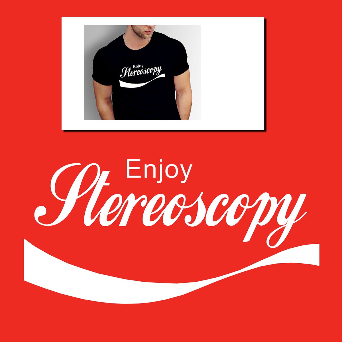 Ted_Whitten's tweet photo. Please check out my new design, "Enjoy Stereoscopy", a humorous parody on a certain cola logo, obviously.  Hope you like it!  #stereoscopy #3D #virtualreality https://t.co/1w1wbNhrXU https://t.co/N0pNb67Ufs