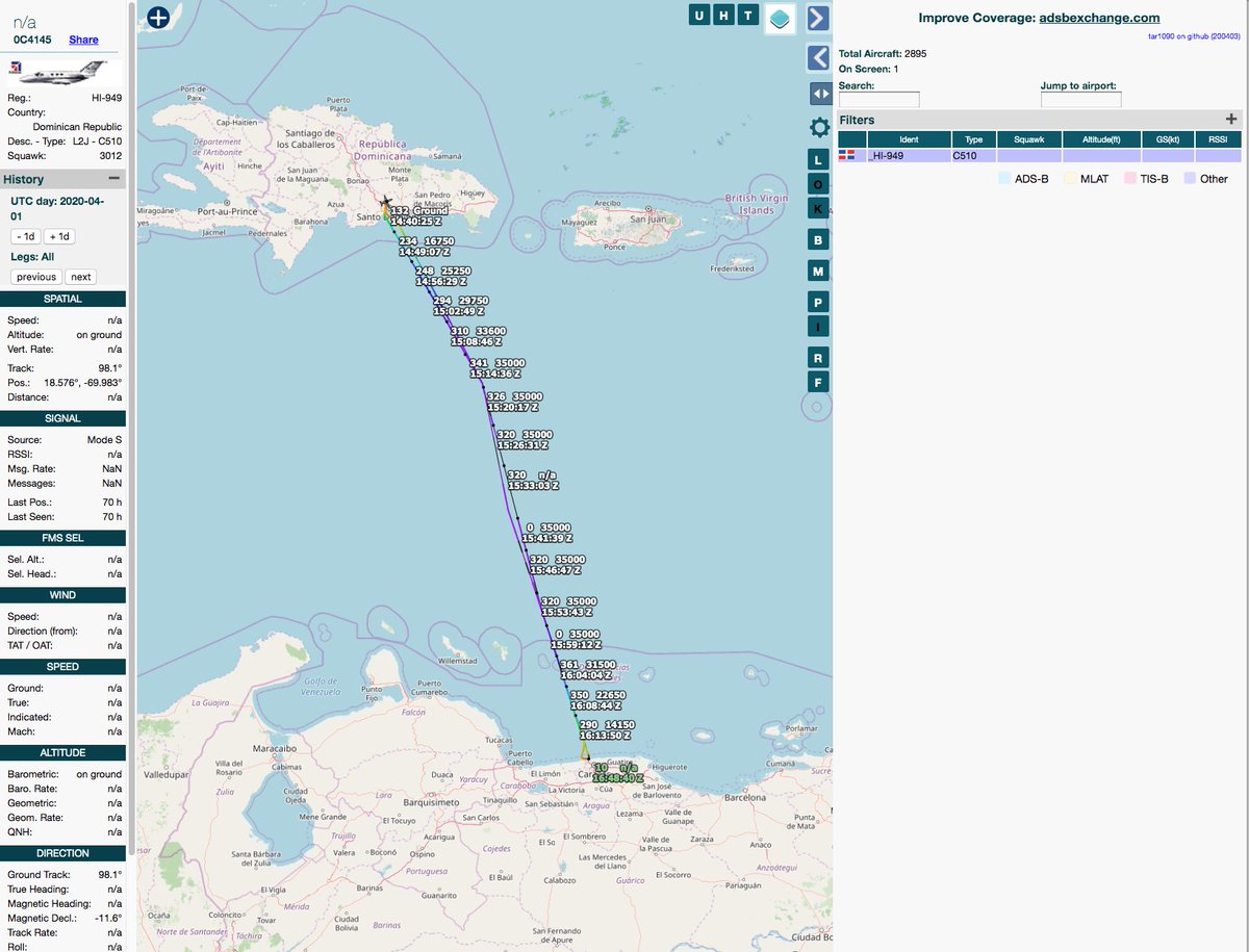 I wonder who went for a little shopping, or to hide some dollars?What other  #Helidosa flights after the ban can we find?April 1: HI-949 take a trip to The Dominican Republic & back.March 15: HI-1040 Port-Au-Prince Haiti - Caracas Venezuela - Santo Domingo Dominican Republic