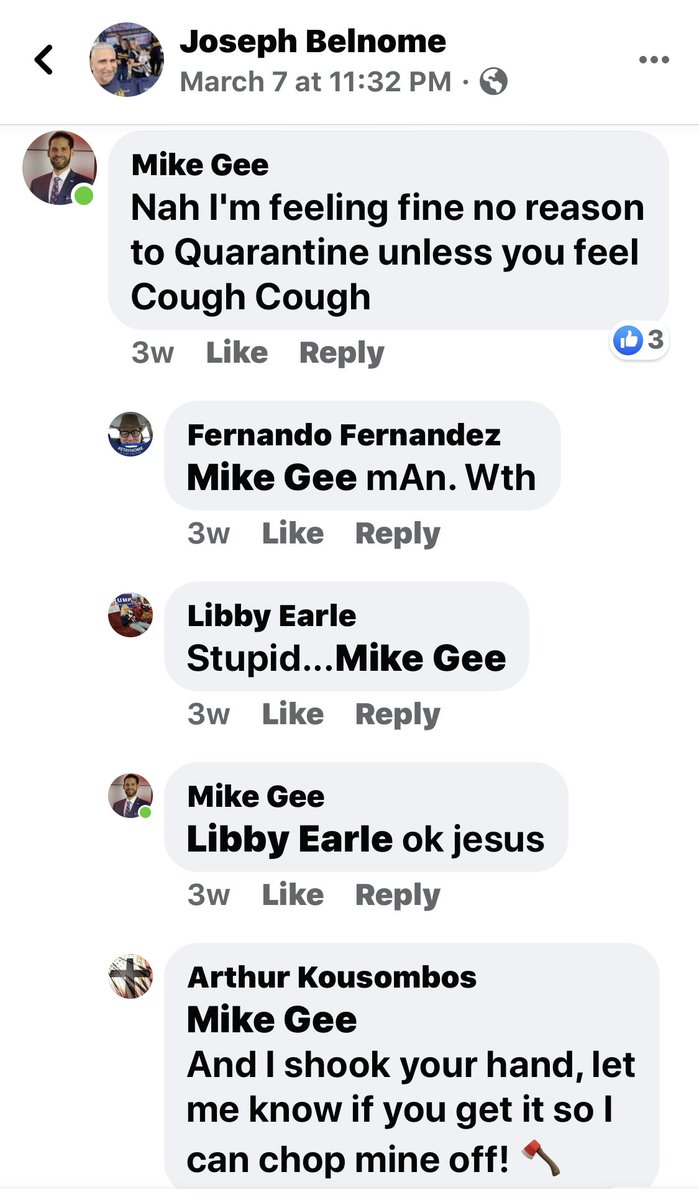 10/ Mike Gee’s buddy “Jersey” Joseph Belnome, who was with Mike Gee in lots of CPAC photos, was notified that he needed to quarantine. He quarantined for four days, after glad-handing at Mar-a-Lago at Kimberly Guilfoyle’s now-infamous birthday bash.