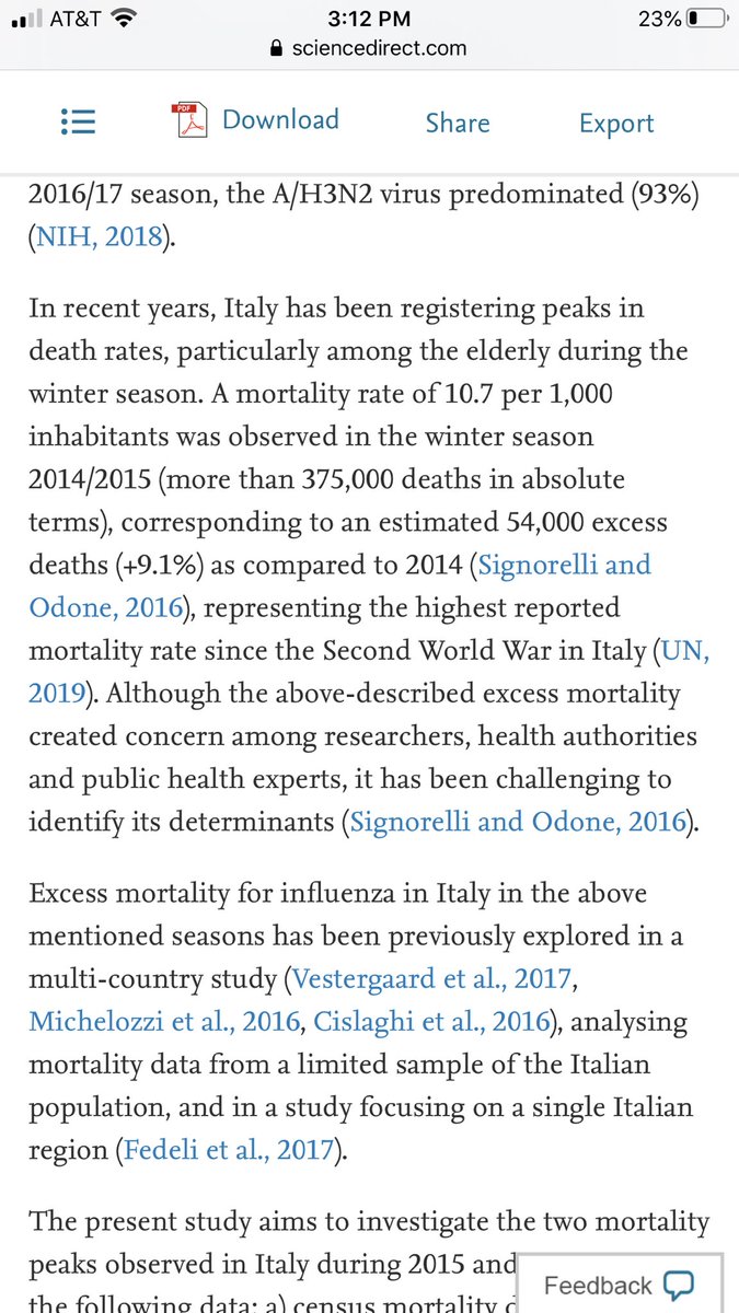 2/ Here’s a peer-reviewed paper in Italian flu mortality from 2014-2017 - the numbers are pretty brutal.  https://www.sciencedirect.com/science/article/pii/S1201971219303285