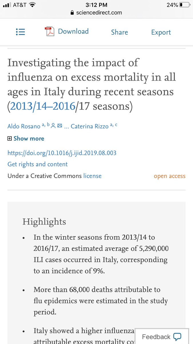2/ Here’s a peer-reviewed paper in Italian flu mortality from 2014-2017 - the numbers are pretty brutal.  https://www.sciencedirect.com/science/article/pii/S1201971219303285
