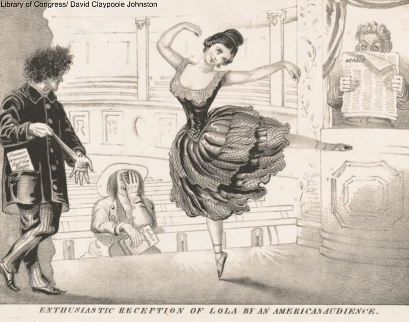 She then set off for America in 1851, where she debuted her infamous Spider Dance where she lifted her dress “so high that the audience could see she wore no underclothing at all.” She became a tabloid sensation.