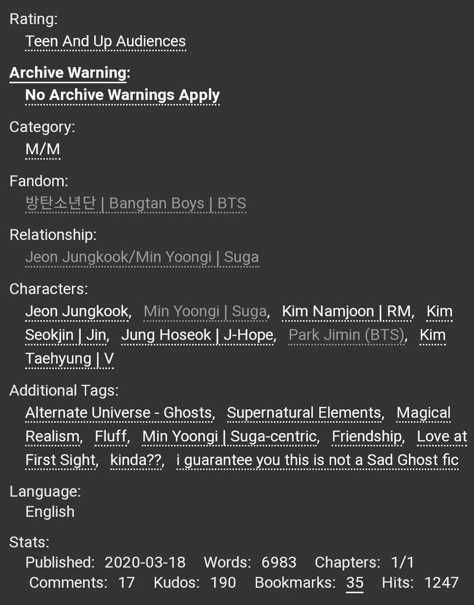 it’s only ever love (it’s only ever trying to be loved) | ahemyg  @ahemygyoonkook ; 7k-ghosts au-jk lives next door to yoongi (n his ghosts)-fluff-the author is so nice https://archiveofourown.org/works/23192104 