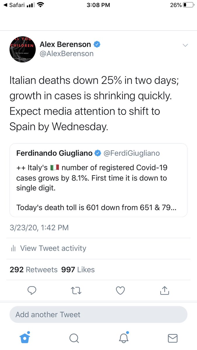 1/ I called the Italian peak 12 days ago; in retrospect, that was about 5 days early. In any case, Italy has now peaked; Spain probably has too (remember, deaths LAG). The final Italian toll will probably be in the range of the 25-45,000 excess deaths of the 2016/17 flu season...