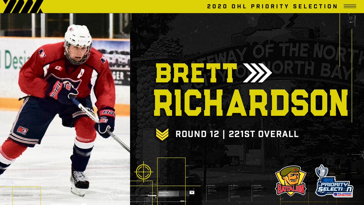 With the 221st overall pick in the 2020 #OHLDraft the North Bay Battalion selects Brett Richardson.

Welcome home, <a href="/brettrich88/">Brett Richardson</a>! #BattleTogether