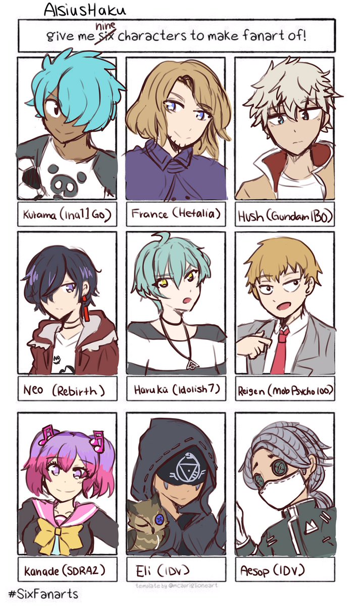 oops it became more than six (eight to be exact) so I added my own so it'd be even ww

i dont know most of the charas so apologies if it is ooc?

#alsiushakudraws #SixFanarts 