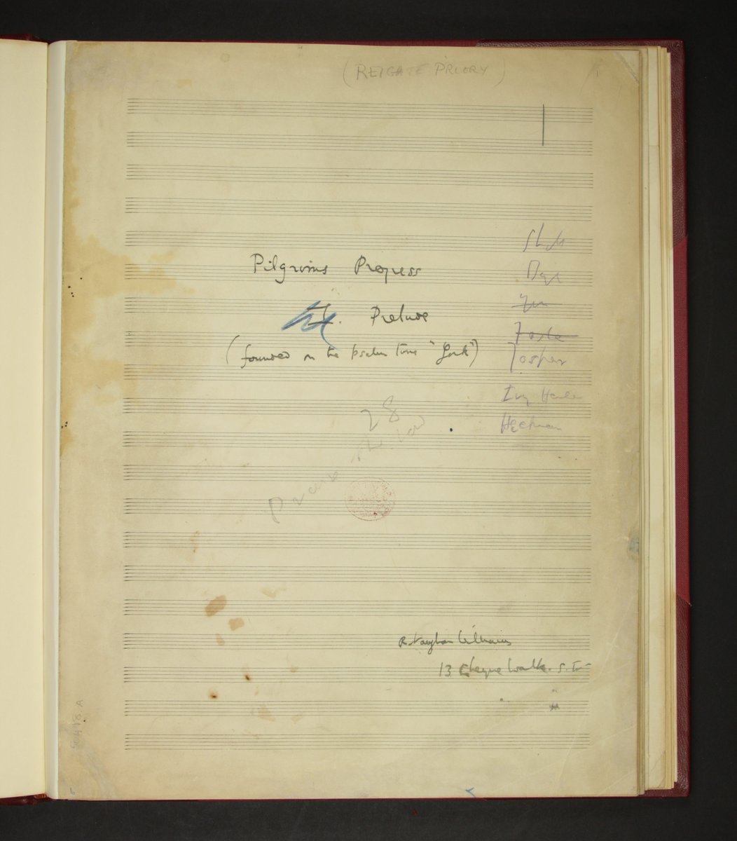 Finally, here is Ralph Vaughan Williams' music for a production of the Pilgrim's Progress. The dramatisation was written by Mrs Hadley and Miss Ouless, and it was first performed in 1906.This manuscript is in the composer's own hand. https://www.bl.uk/collection-items/vaughan-williams-music-for-the-pilgrims-progress
