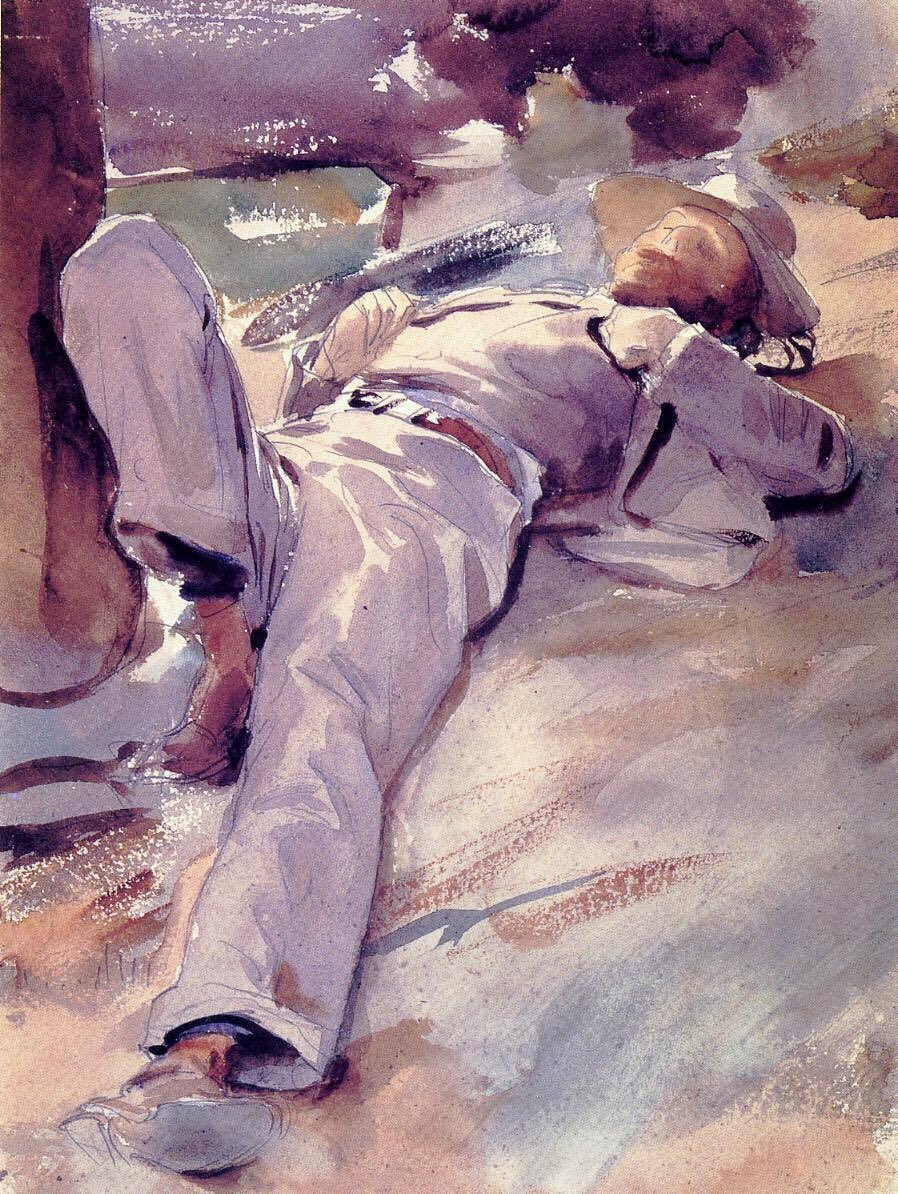 Here is one of Sargent’s paintings of Gondoliers (about whom he was besotted). Also shown is his fascination with sleepers. Gondolier (1905), Siesta (1905) & Peter Harrison Asleep (c1905)