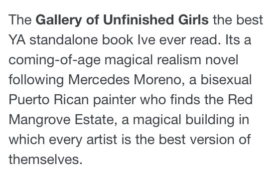 Mercedes MorenoMercedes is bisexualShe is dealing with her a crush on her best friend Veronica, her mom who left to take care of her grandma and an artblock until she discoveres a magical building The Gallery of Unfinished Girls by Lauren Karcz https://www.goodreads.com/book/show/28147258-the-gallery-of-unfinished-girls