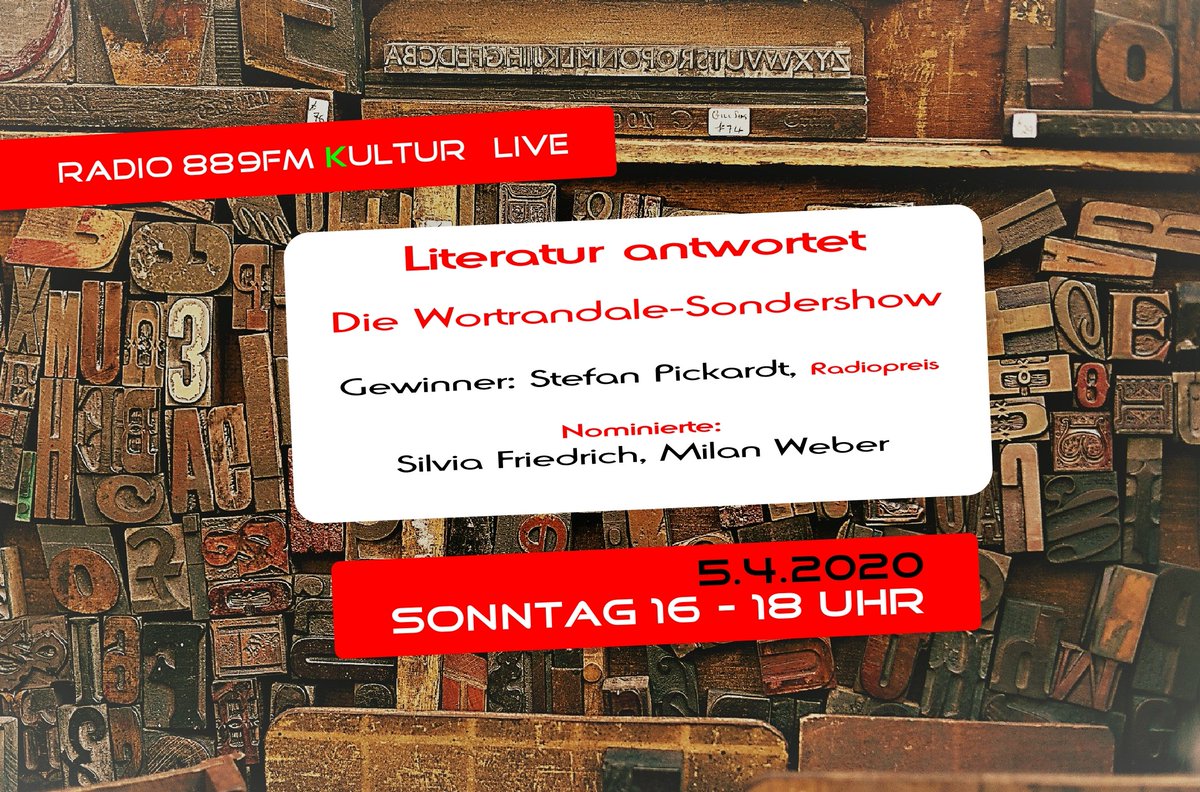 Am 5.4.2020 von 16 bis 18 Uhr live bei Radio 889FM Kultur präsentieren wir den Radiopreis-Gewinner Stefan Pickardt (Sparte Queer) und die Nominierten Silvia Friedrich (Sparte Liebe) und Milan Weber (Sparte Krimi).
Hier sind wir zu hören:
stream.laut.fm/889fmkultur