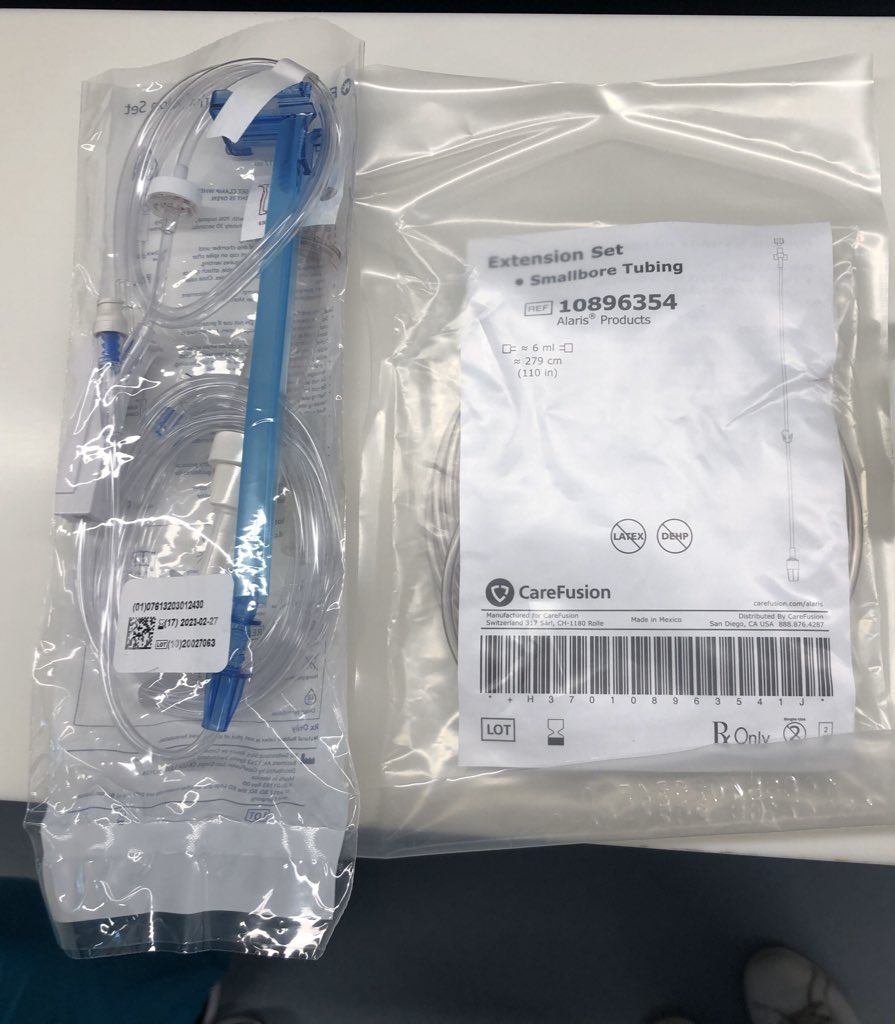 Grab regular IV tubing if you're spiking new bags and 1-2 sets of extension tubing per each drip. If their bags are full, have some sort of wipes available to clean any IV bags and lines that have been in their room.